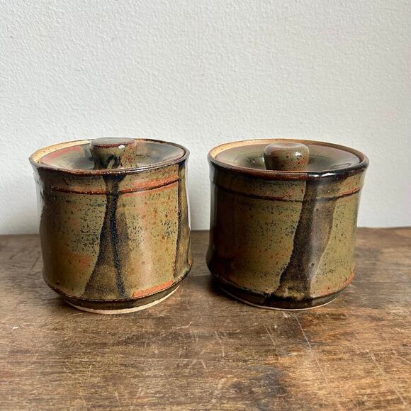 Art Pottery Pair of Lidded Jars | Studio Pottery Lidded Canisters, Set of 2 - Picture 1 of 6